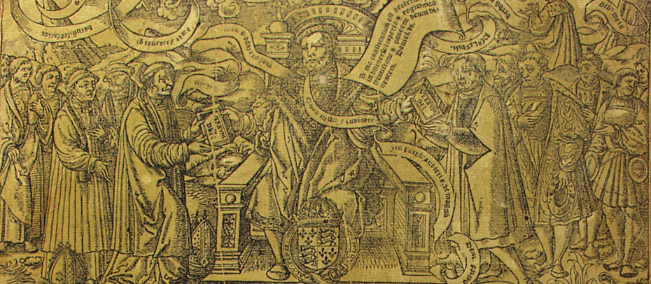 Detail of a copy of the 'Great Bible' from Cosin's Library. This was commissioned in 1541 by Thomas Cromwell and Thomas Cranmer, the two leading religious reformers under Henry VIII. This detail shows the king handing out copies of the Bible the "word of God" to Cromwell and Cranmer.